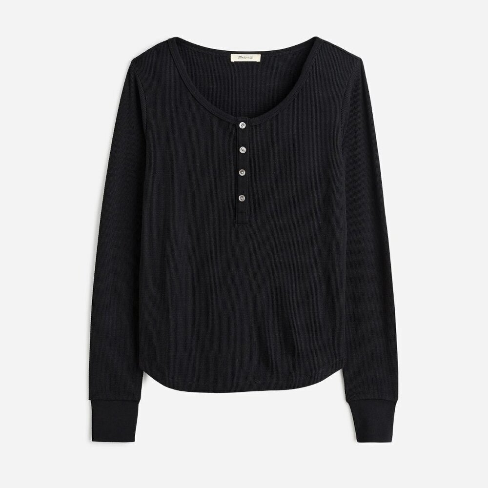 Madewell Waffle Knit Cotton Blend Scoopneck Henley Tee Black Size XS NWT